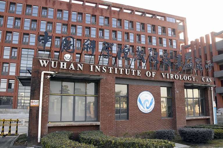 In the background, a seven story brick and glass industrial building, and in the foreground, a small one-story dilapidated brick and glass building with a sign on top with both Chinese and English lettering, the English portion of which says 'Wuhan Institute of Virology, CAS' in capital letters